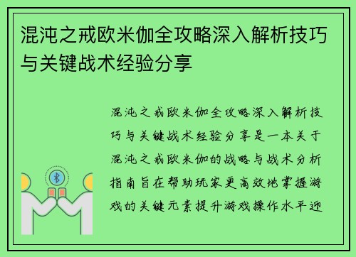 混沌之戒欧米伽全攻略深入解析技巧与关键战术经验分享